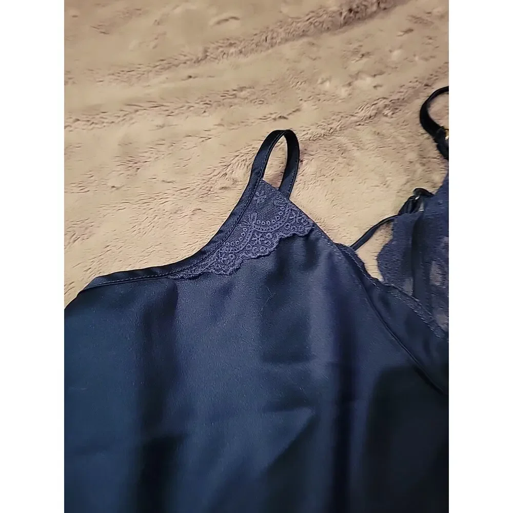 Flora Nikrooz Navy Lace Trim Cami Adjustable Straps Lingerie Top